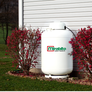 Residential propane tank on the side of a home, fueling a residential stove.