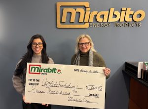 Marissa Sweeney, left, and Cynthia Rotella, right, receiving the $7,000 Check from Mirabito Cares.